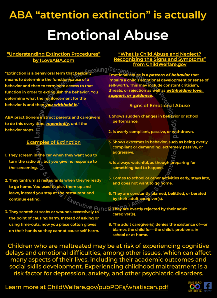 ABA "attention extinction" is actually emotional abuse. "Understanding Extinction Procedures" by ILoveABA.com “Extinction is a behavioral term that basically means to determine the function/cause of a behavior and then to terminate access to that function in order to extinguish the behavior. You determine what the reinforcement for the behavior is and then you withhold it.” ABA practitioners instruct parents and caregivers to do this every time, repeatedly, until the behavior stops. Examples of Extinction 1. They scream in the car when they want you to turn the radio on, but you give no response to the screaming. 2. They tantrum at restaurants when they’re ready to go home. You used to pick them up and leave, instead you stay at the restaurant and continue eating. 3. They scratch at scabs or wounds excessively to the point of causing harm. Instead of asking or using time-outs, now you place cotton gloves on their hands so they cannot cause self-harm. “What Is Child Abuse and Neglect? Recognizing the Signs and Symptoms” from ChildWelfare(dot)gov Emotional abuse is a pattern of behavior that impairs a child’s emotional development or sense of self-worth. This may include constant criticism, threats, or rejection as well as withholding love, support, or guidance. Signs of Emotional Abuse 1. Shows sudden changes in behavior or school performance. 2. Is overly compliant, passive, or withdrawn. 3. Shows extremes in behavior, such as being overly compliant or demanding, extremely passive, or aggressive. 4. Is always watchful, as though preparing for something bad to happen. 5. Comes to school or other activities early, stays late, and does not want to go home. 6. They are constantly blamed, belittled, or berated by their adult caregiver(s). 7. They are overtly rejected by their adult caregiver(s). 8. The adult caregiver(s) denies the existence of—or blames the child for—the child’s problems in school or at home. Children who are maltreated may be at risk of experiencing cognitive delays and emotional difficulties, among other issues, which can affect many aspects of their lives, including their academic outcomes and social skills development. Experiencing childhood maltreatment is a risk factor for depression, anxiety, and other psychiatric disorders.