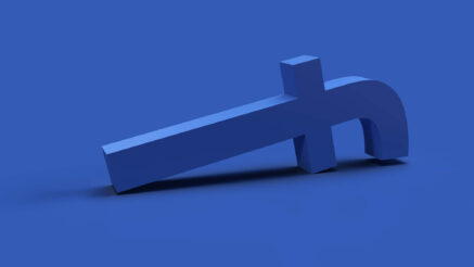 3d render of the blue Facebook symbol, has fallen and is lying on its side.