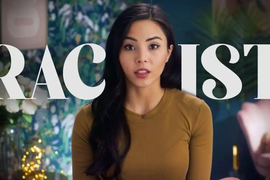 Headshot of Anna Akana with the word "Racist" behind her